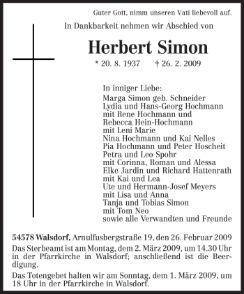 Traueranzeige von Herbert Simon von TRIERISCHER VOLKSFREUND