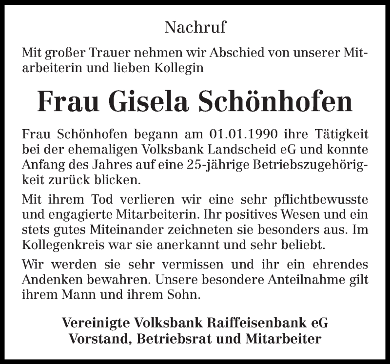  Traueranzeige für Gisela Schönhofen vom 16.03.2015 aus trierischer_volksfreund