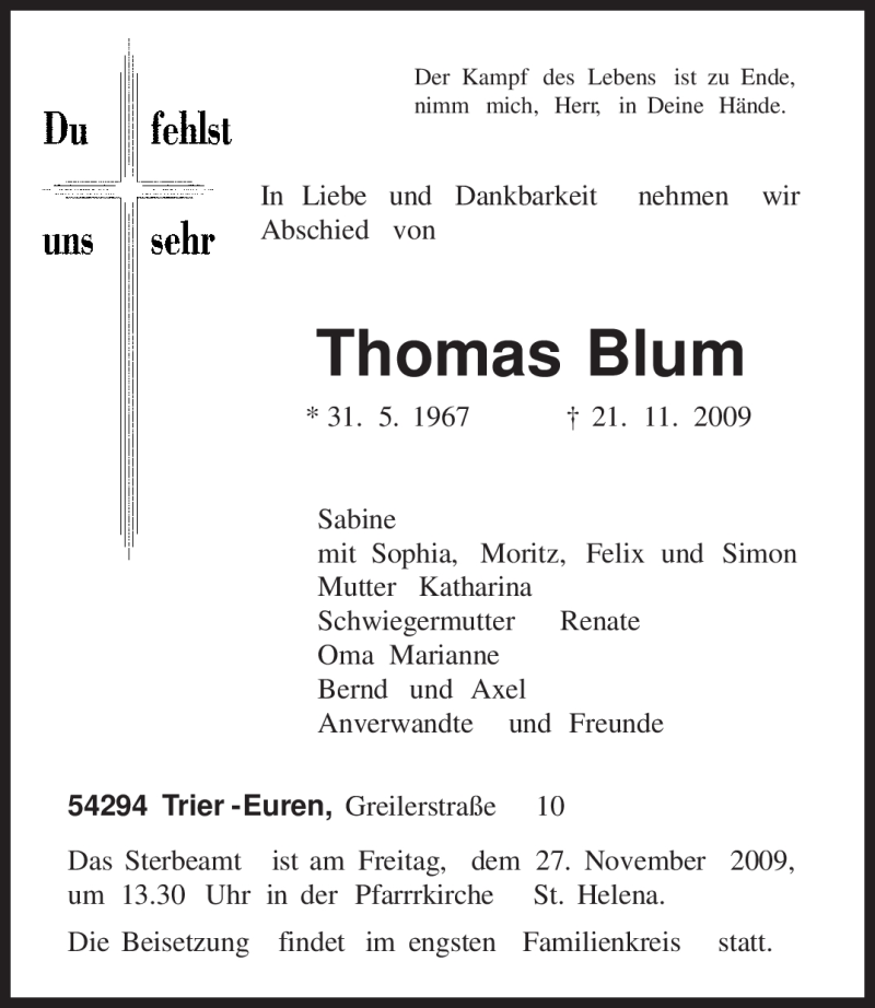  Traueranzeige für Thomas Blum vom 25.11.2009 aus TRIERISCHER VOLKSFREUND