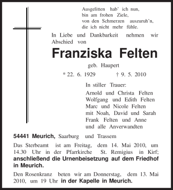 Traueranzeige von Franziska Felten von TRIERISCHER VOLKSFREUND