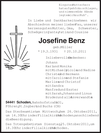Traueranzeige von Josefine Benz von TRIERISCHER VOLKSFREUND