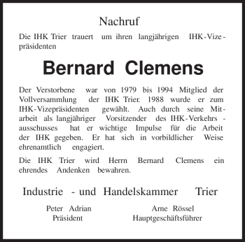 Traueranzeige von Bernard Clemens von TRIERISCHER VOLKSFREUND