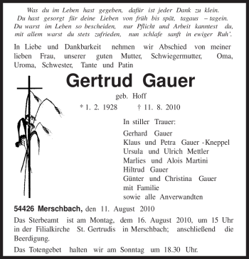 Traueranzeige von Gertrud Gauer von TRIERISCHER VOLKSFREUND