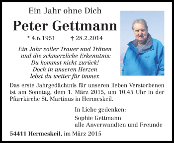 Traueranzeige von Peter Gettmann von trierischer_volksfreund