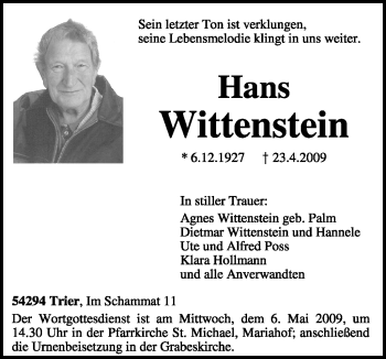 Traueranzeige von Hans Wittenstein von TRIERISCHER VOLKSFREUND