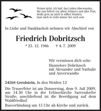 Traueranzeige von Friedrich Dobritzsch von TRIERISCHER VOLKSFREUND