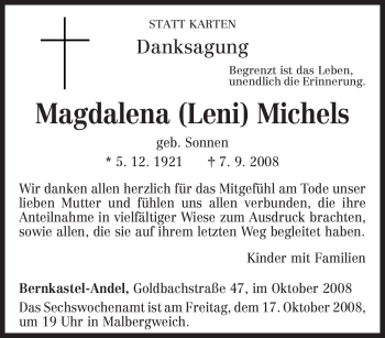 Traueranzeige von Magdalena Michels von TRIERISCHER VOLKSFREUND