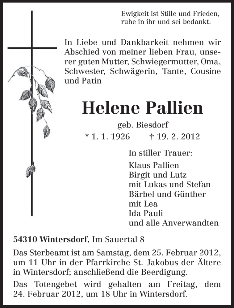  Traueranzeige für Helene Pallien vom 22.02.2012 aus TRIERISCHER VOLKSFREUND