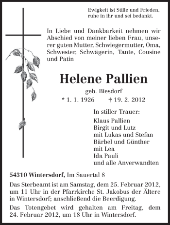 Traueranzeige von Helene Pallien von TRIERISCHER VOLKSFREUND