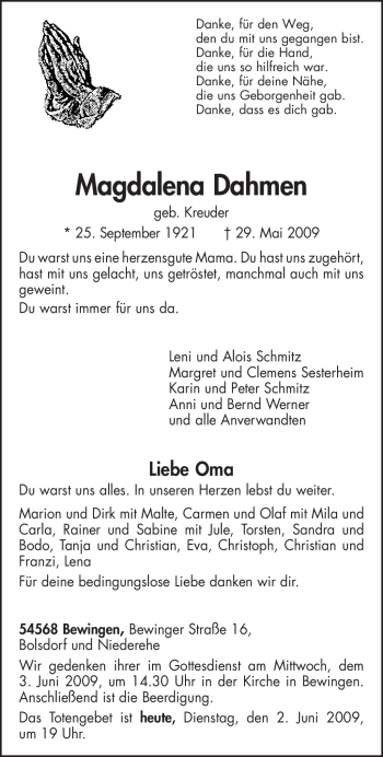 Traueranzeige von Magdalena Dahmen von TRIERISCHER VOLKSFREUND