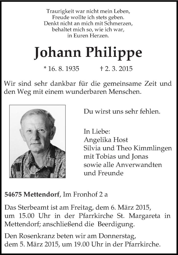  Traueranzeige für Johann Philippe vom 03.03.2015 aus trierischer_volksfreund
