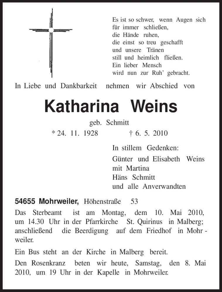  Traueranzeige für Katharina Weins vom 08.05.2010 aus TRIERISCHER VOLKSFREUND