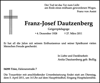 Traueranzeige von Franz-Josef Dautzenberg von TRIERISCHER VOLKSFREUND