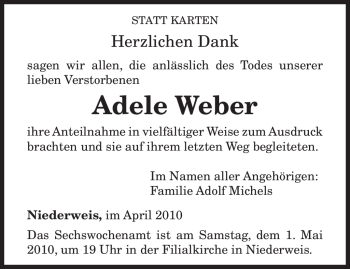 Traueranzeige von Adele Weber von TRIERISCHER VOLKSFREUND