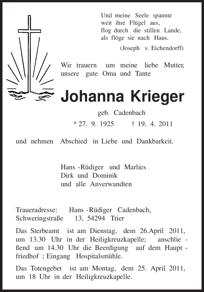 Traueranzeigen Von Johanna Krieger Volksfreund Trauer De