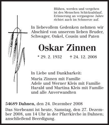 Traueranzeige von Oskar Zinnen von TRIERISCHER VOLKSFREUND