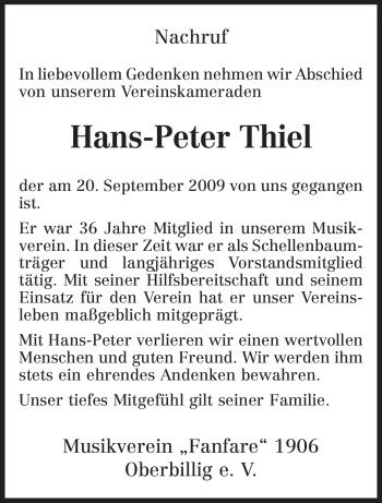 Traueranzeige von Hans-Peter Thiel von TRIERISCHER VOLKSFREUND