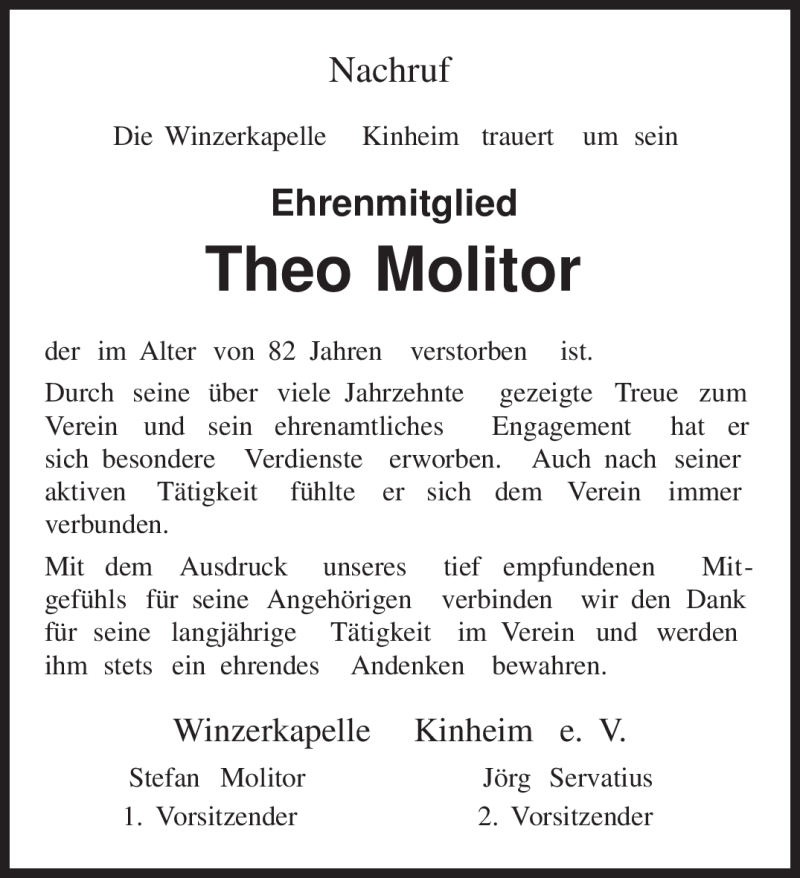  Traueranzeige für Theo Molitor vom 21.09.2011 aus TRIERISCHER VOLKSFREUND