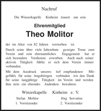 Traueranzeige von Theo Molitor von TRIERISCHER VOLKSFREUND