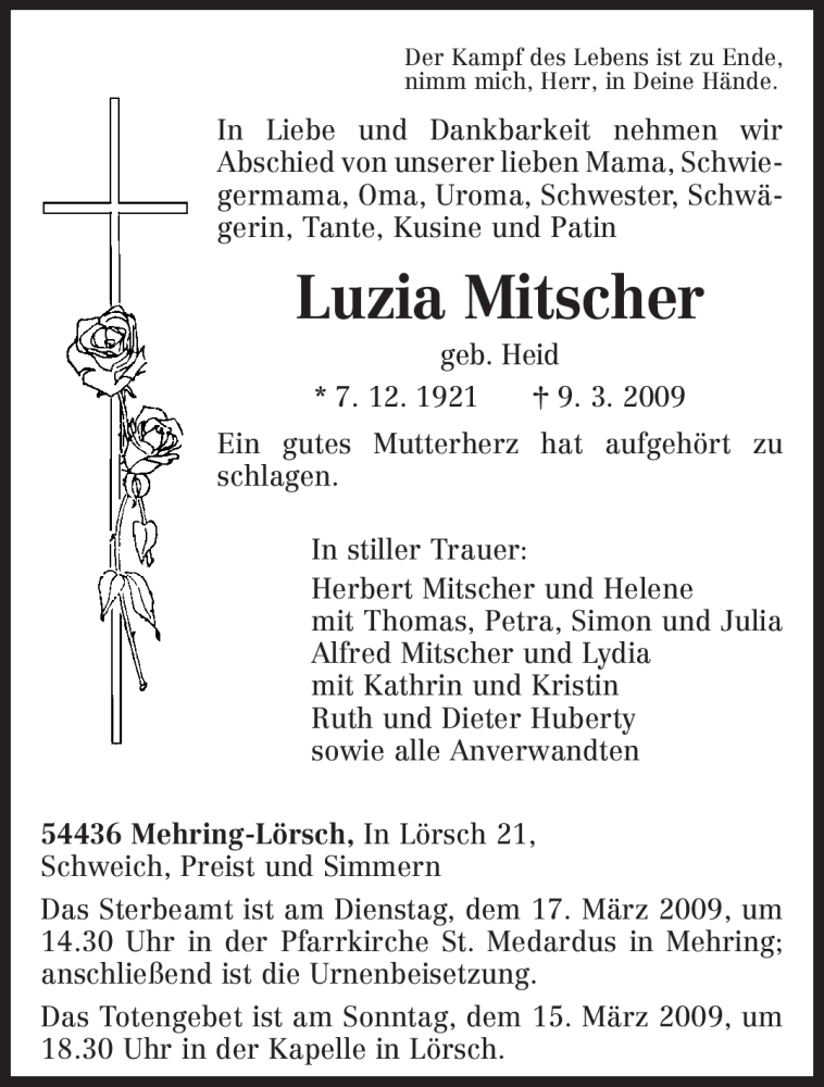  Traueranzeige für Luzia Mitscher vom 11.03.2009 aus TRIERISCHER VOLKSFREUND