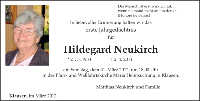  Traueranzeige für Hildegard Neukirch vom 24.03.2012 aus TRIERISCHER VOLKSFREUND