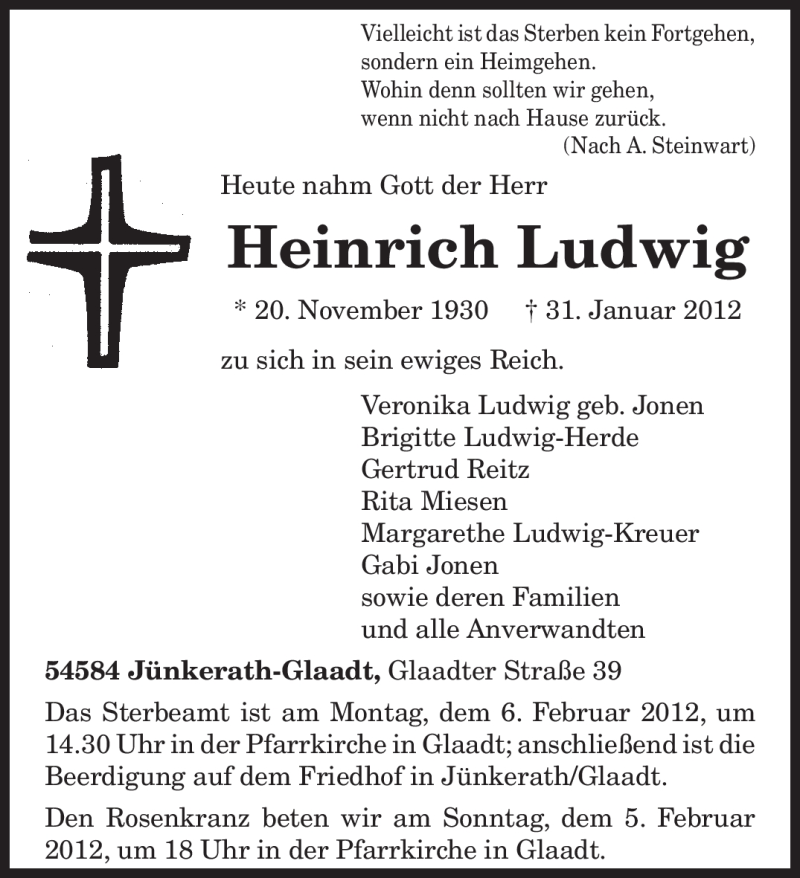  Traueranzeige für Heinrich Ludwig vom 02.02.2012 aus TRIERISCHER VOLKSFREUND