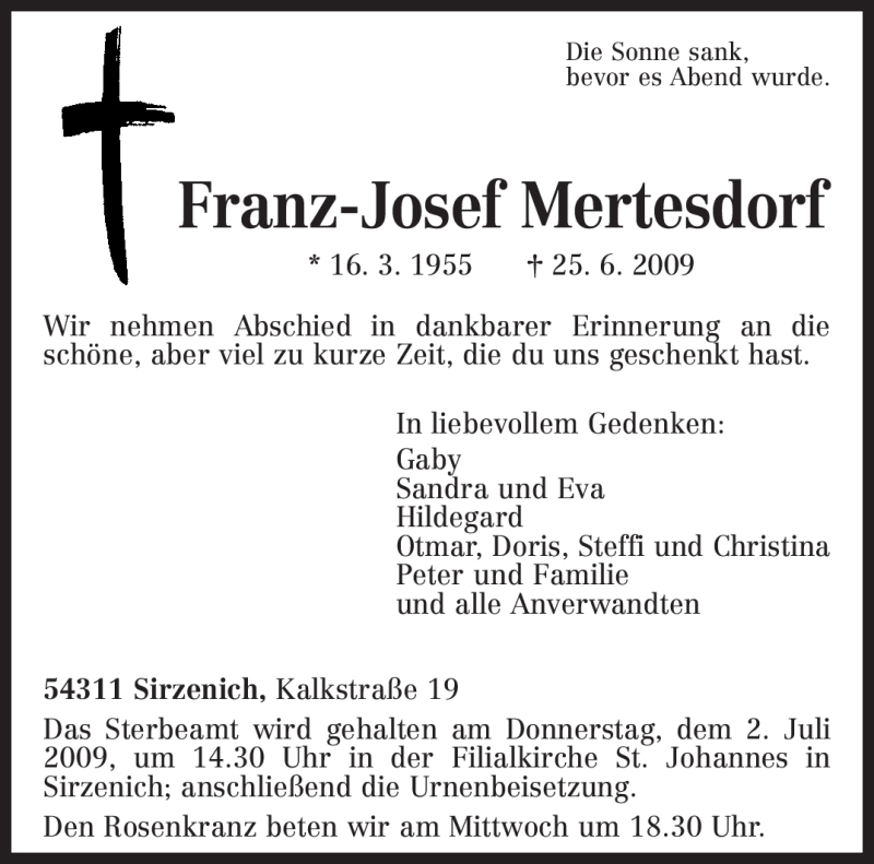  Traueranzeige für Franz-Josef Mertesdorf vom 29.06.2009 aus TRIERISCHER VOLKSFREUND
