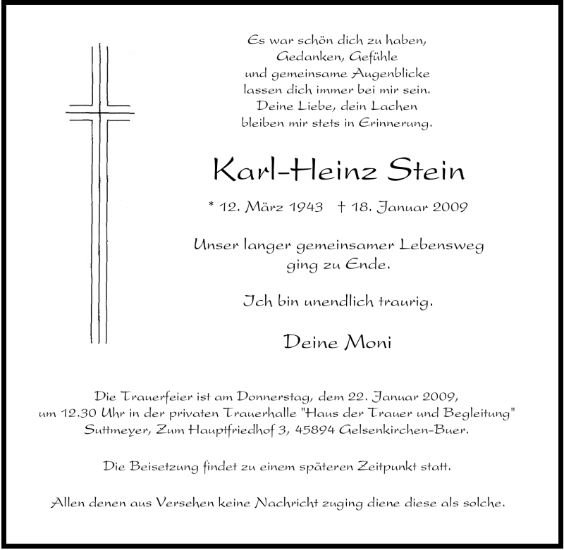  Traueranzeige für Karl-Heinz Stein vom 21.01.2009 aus TRIERISCHER VOLKSFREUND