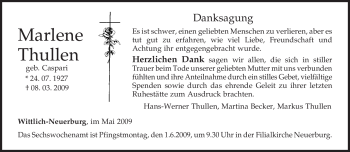 Traueranzeige von Marlene Thullen von TRIERISCHER VOLKSFREUND