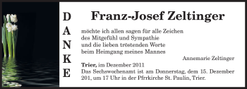 Traueranzeige von Franz-Josef Zeltinger von TRIERISCHER VOLKSFREUND
