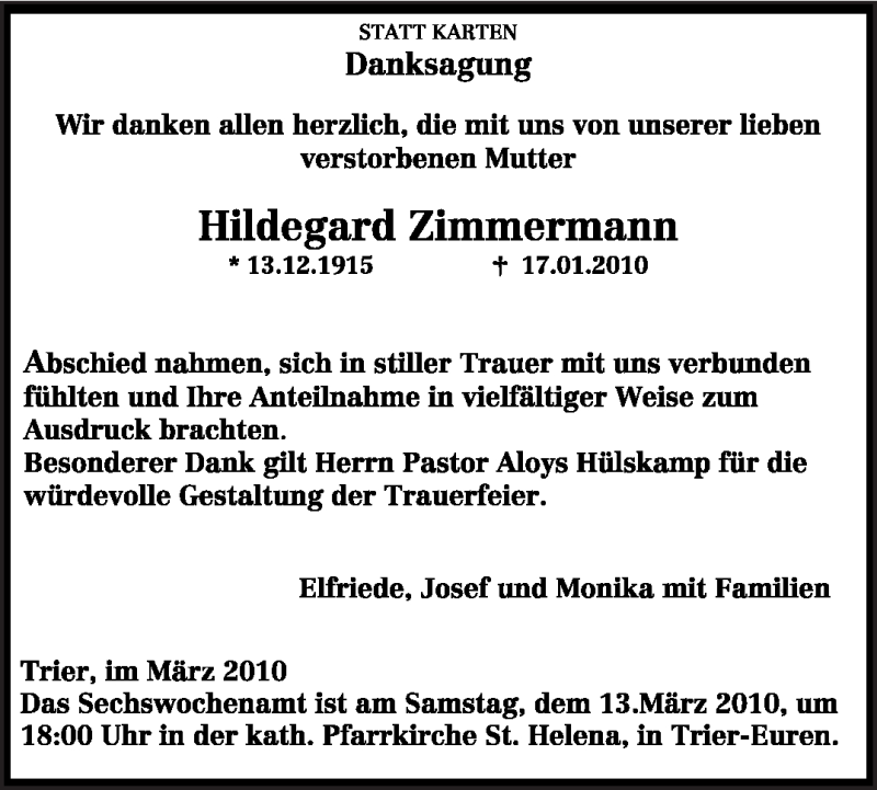 Traueranzeige für Hildegard Zimmermann vom 08.03.2010 aus TRIERISCHER VOLKSFREUND