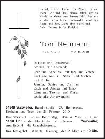 Traueranzeige von Toni Neumann von TRIERISCHER VOLKSFREUND