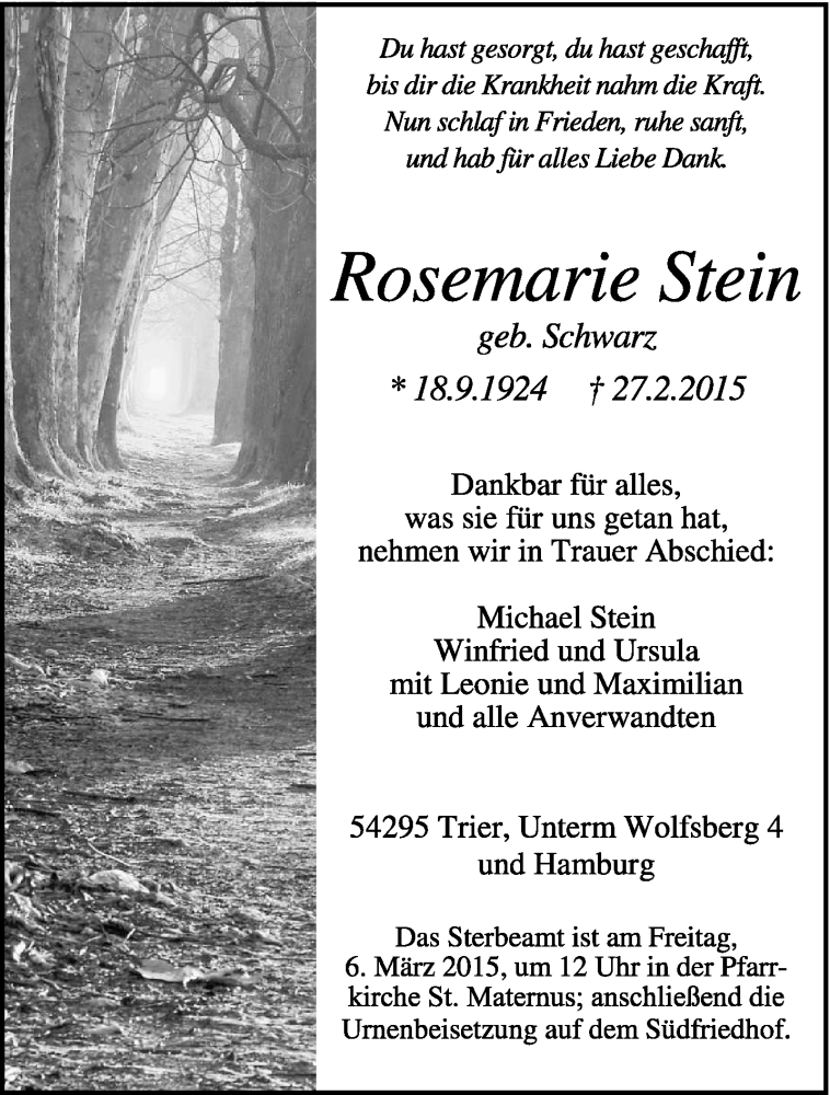  Traueranzeige für Rosemarie Stein vom 04.03.2015 aus trierischer_volksfreund