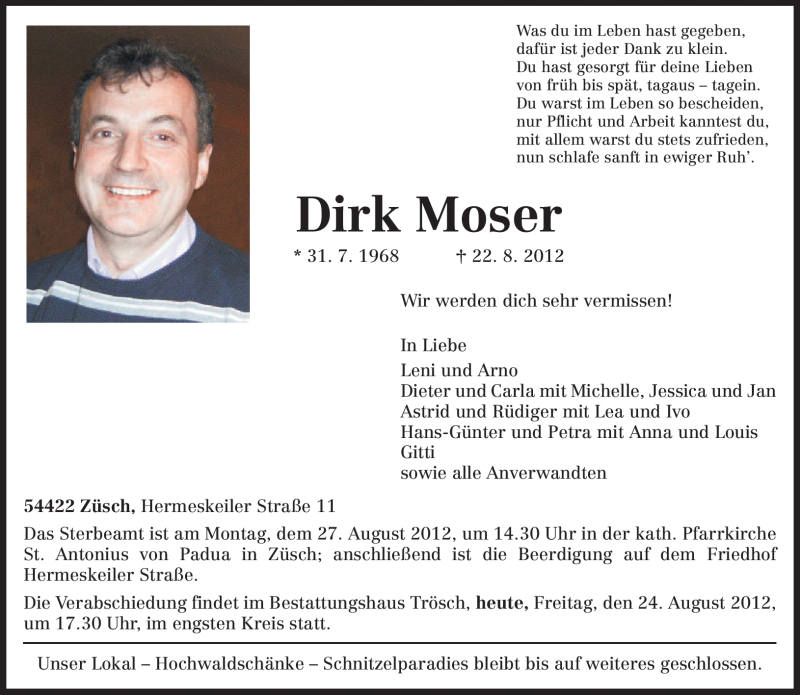  Traueranzeige für Dirk Moser vom 24.08.2012 aus TRIERISCHER VOLKSFREUND