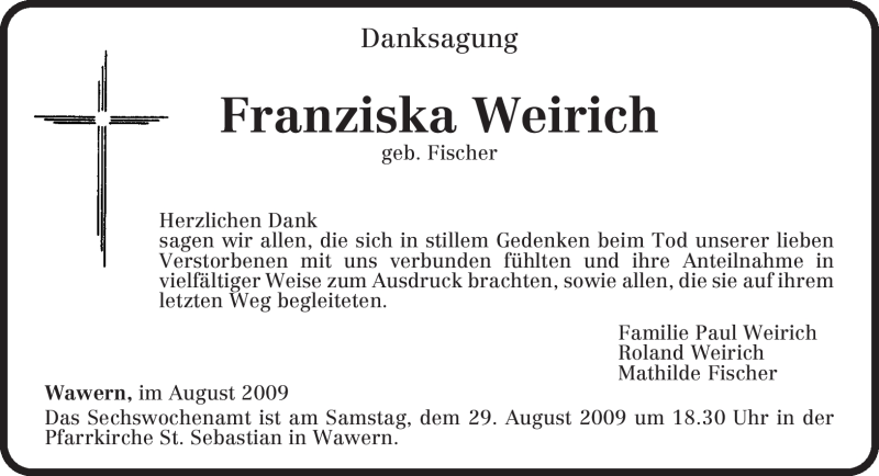  Traueranzeige für Franziska Weirich vom 22.08.2009 aus TRIERISCHER VOLKSFREUND