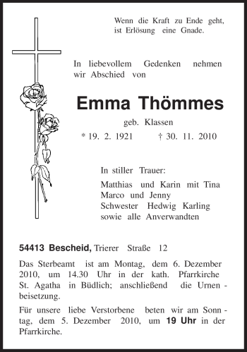 Traueranzeige von Emma Thömmes von TRIERISCHER VOLKSFREUND
