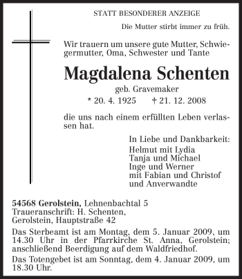 Traueranzeige von Magdalena Schenten von TRIERISCHER VOLKSFREUND
