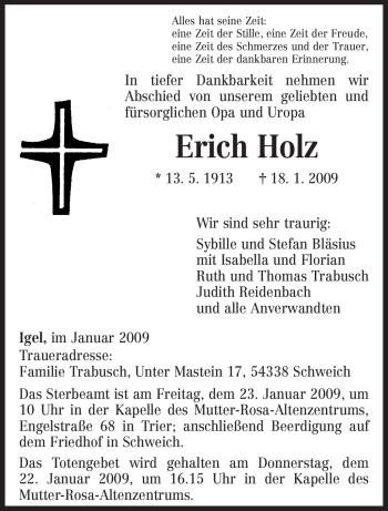 Traueranzeige von Erich Holz von TRIERISCHER VOLKSFREUND