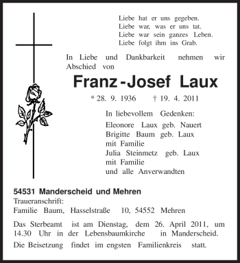 Traueranzeige von Franz - Josef Laux von TRIERISCHER VOLKSFREUND