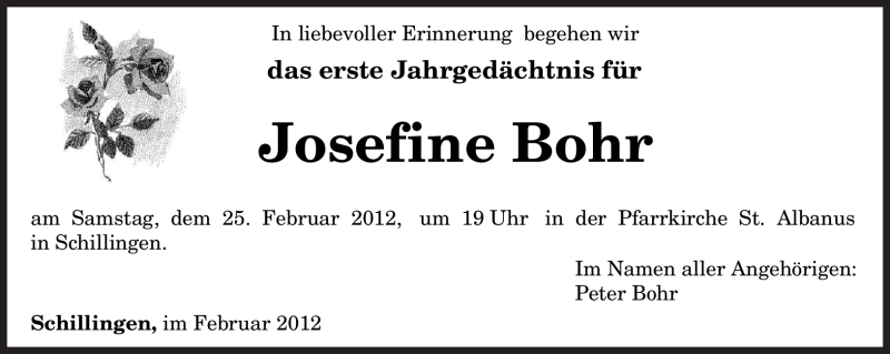 Traueranzeige für Josefine Bohr vom 22.02.2012 aus TRIERISCHER VOLKSFREUND