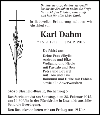 Traueranzeige von Karl Dahm von trierischer_volksfreund