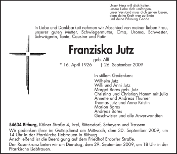 Traueranzeige von Franziska Jutz von TRIERISCHER VOLKSFREUND