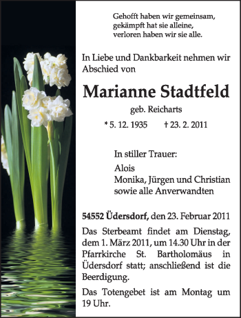Traueranzeige von Marianne Stadtfeld von TRIERISCHER VOLKSFREUND