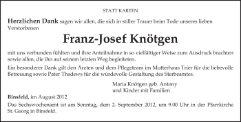 Traueranzeige von Franz-Josef Knötgen von TRIERISCHER VOLKSFREUND