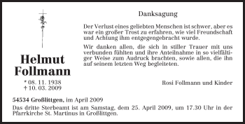 Traueranzeige von Helmut Follmann von TRIERISCHER VOLKSFREUND