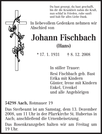 Traueranzeige von Johann Fischbach von TRIERISCHER VOLKSFREUND