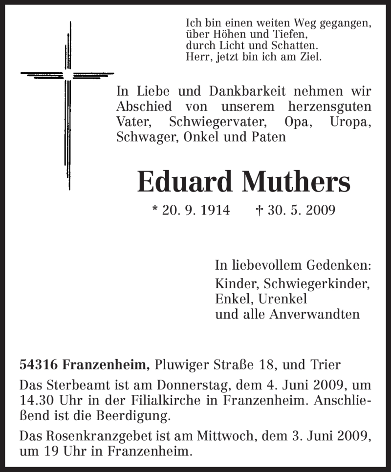  Traueranzeige für Eduard Muthers vom 02.06.2009 aus TRIERISCHER VOLKSFREUND