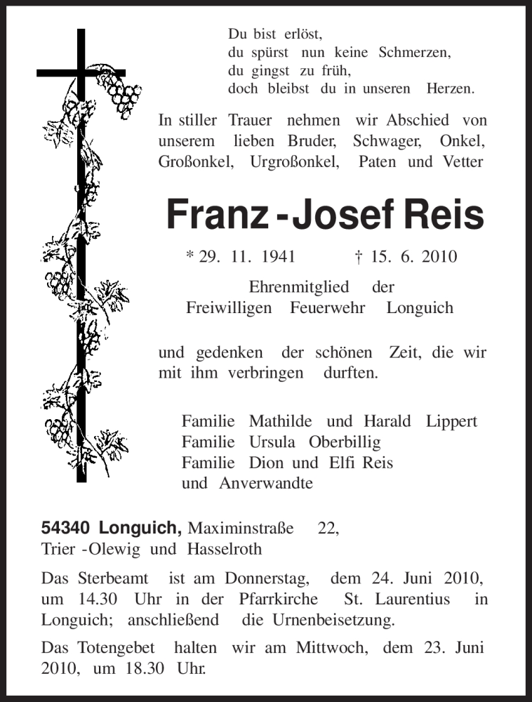  Traueranzeige für Franz-Josef Reis vom 19.06.2010 aus TRIERISCHER VOLKSFREUND