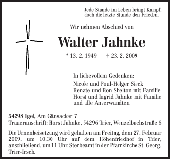 Traueranzeige von Walter Jahnke von TRIERISCHER VOLKSFREUND