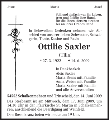 Traueranzeige von Ottilie Saxler von TRIERISCHER VOLKSFREUND